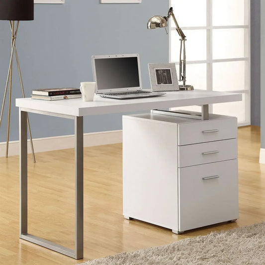 Left or Right Facing Modern Office Desk in White Finish with File Drawers - Office Desk