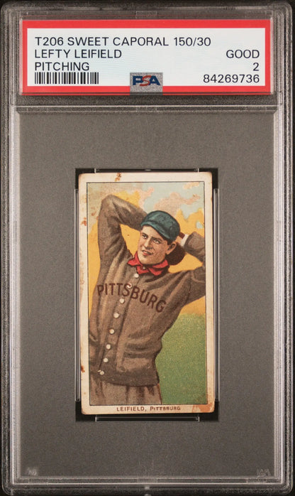 PSA-graded T206 Sweet Caporal Lefty Leifield baseball card showcasing pitching action