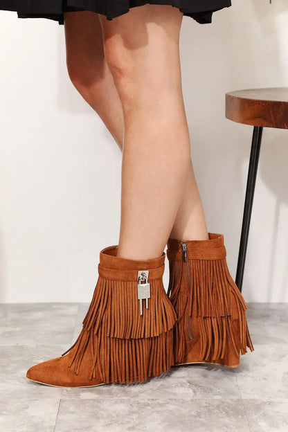 Tan suede ankle booties with fringe and silver hardware from Legend Womens Tassel collection