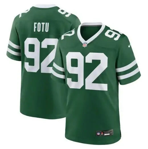 Green American football jersey with white numbers and stripes for New York Jets team game jersey