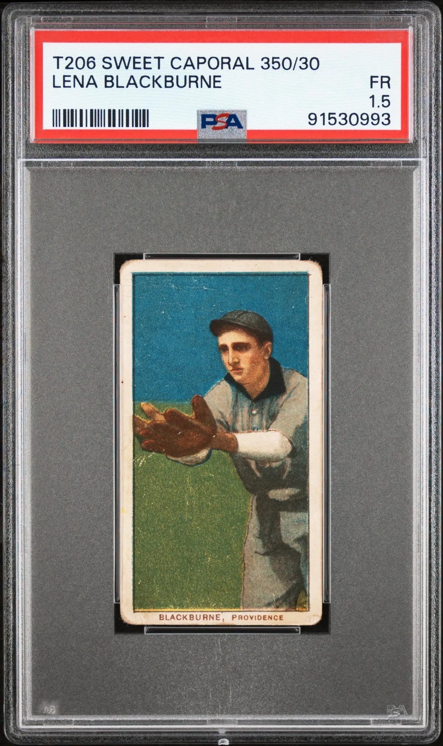 PSA-graded T206 Sweet Caporal baseball card of Lena Balckburne in catching pose