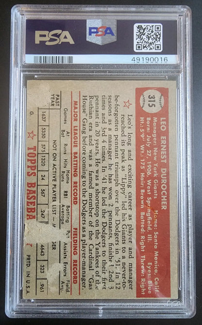 PSA-graded Leo Durocher 1952 Topps #315 baseball card reverse in protective holder
