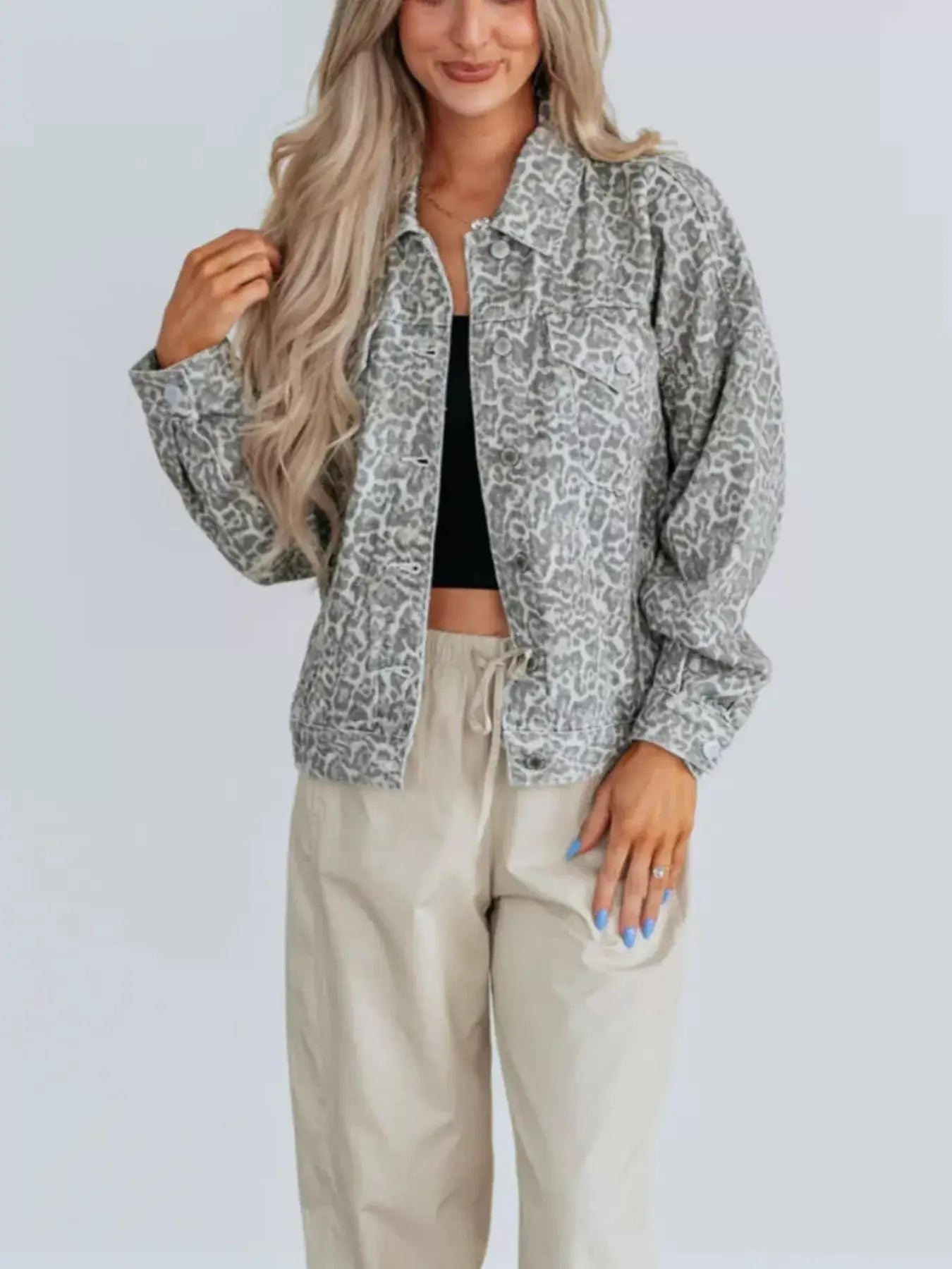 Leopard Button Up Denim Jacket