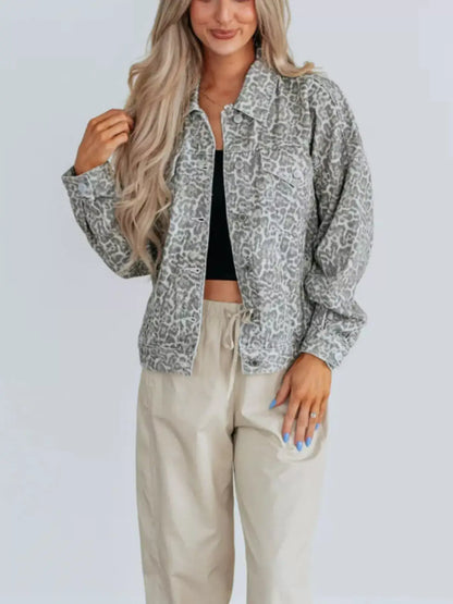 Leopard Button Up Denim Jacket