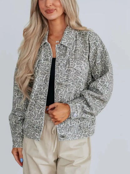 Leopard Button Up Denim Jacket - Gray / S