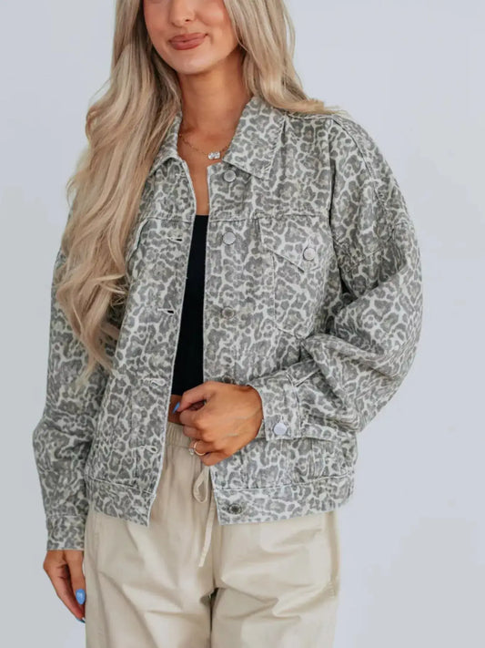 Leopard Button Up Denim Jacket - Gray / S
