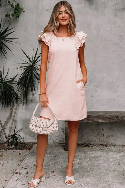 LG & XLG - Pink-Pilled Flutter Sleeve & Bow Back Mini Dress - Day Dress