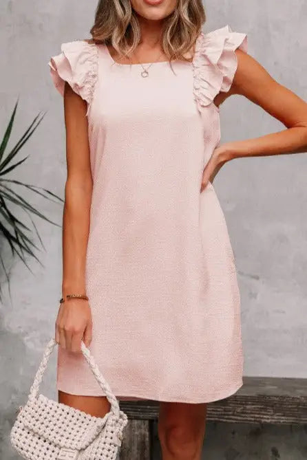 LG & XLG - Pink-Pilled Flutter Sleeve & Bow Back Mini Dress - Day Dress