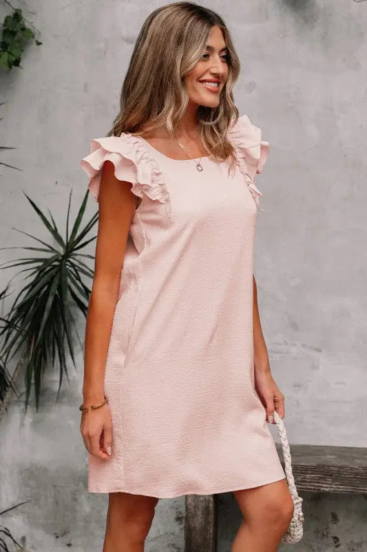 LG & XLG - Pink-Pilled Flutter Sleeve & Bow Back Mini Dress - Day Dress