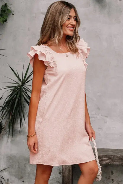 LG & XLG - Pink-Pilled Flutter Sleeve & Bow Back Mini Dress - Day Dress