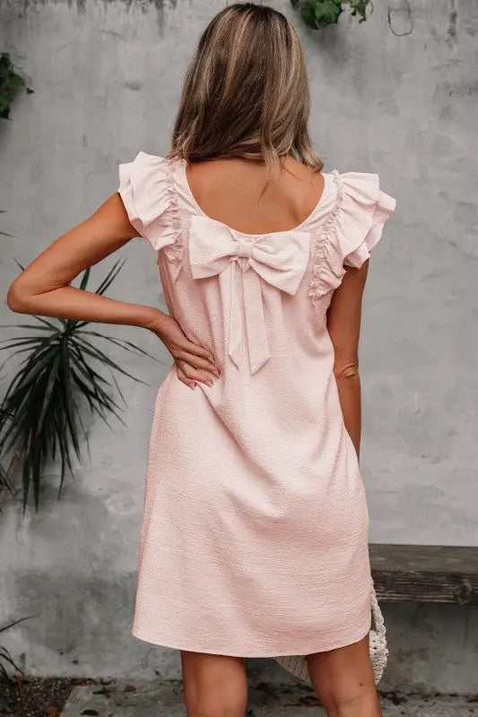 LG & XLG - Pink-Pilled Flutter Sleeve & Bow Back Mini Dress - L - 12/14 - Day Dress