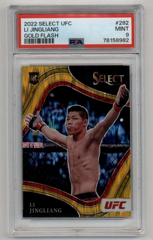 PSA-graded Li Jingliang 2022 Select UFC Gold Flash trading card in protective case