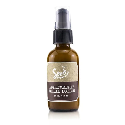 Brown glass bottle with black pump dispenser and seed oil label for Lightweight Facial Lotion