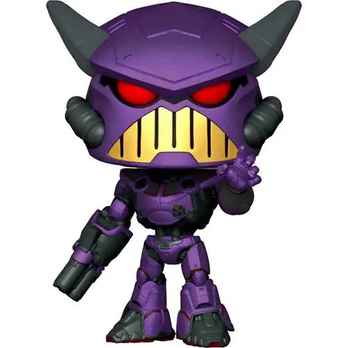 Purple battle-armored Lightyear Zurg Pop with glowing red eyes and grill-like mouth