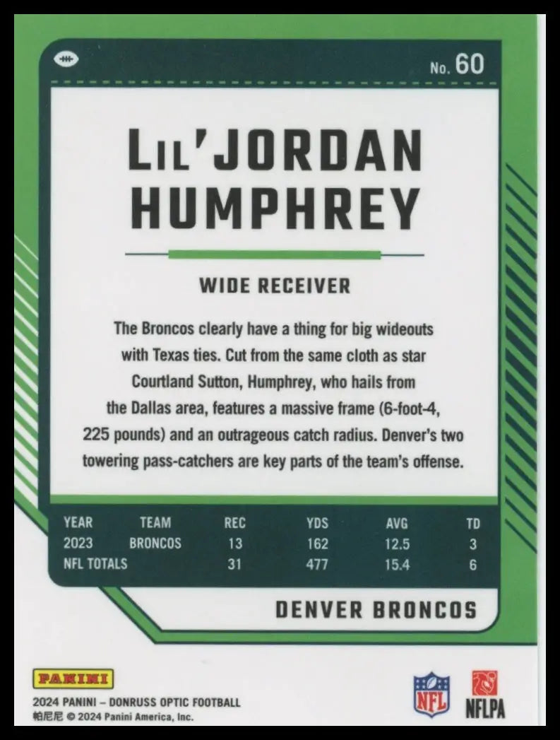 Trading card for NFL player Lil’Jordan Humphrey from Donruss Optic 2024 Denver Broncos