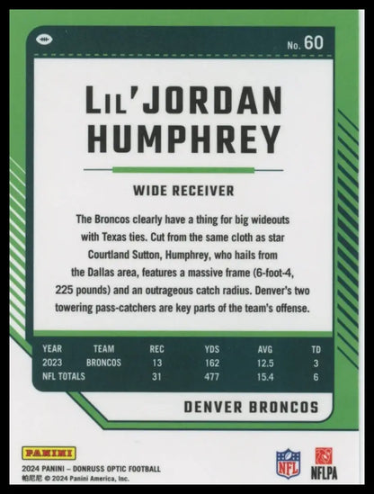 Trading card for NFL player Lil’Jordan Humphrey from Donruss Optic 2024 Denver Broncos