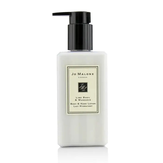 White rectangular bottle with black pump dispenser of Jo Malone London Lime Basil & Mandarin Body & Hand Lotion