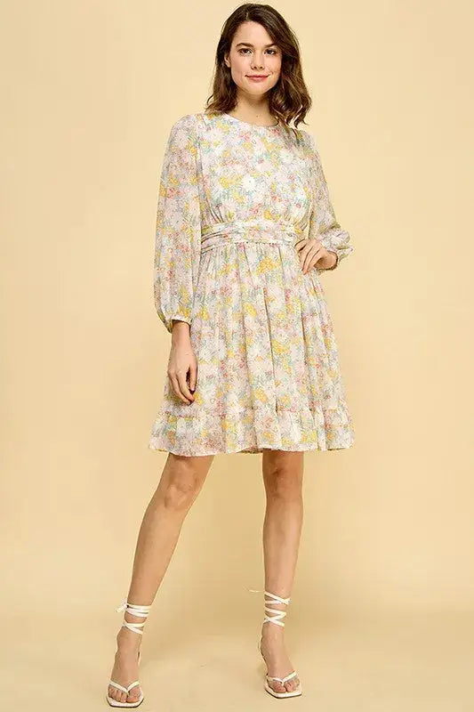 Lime ’N’ Chili Chiffon Floral Print Belted Dress with Back Zipper