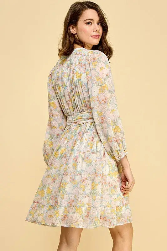 Lime ’N’ Chili Chiffon Floral Print Belted Dress with Back Zipper