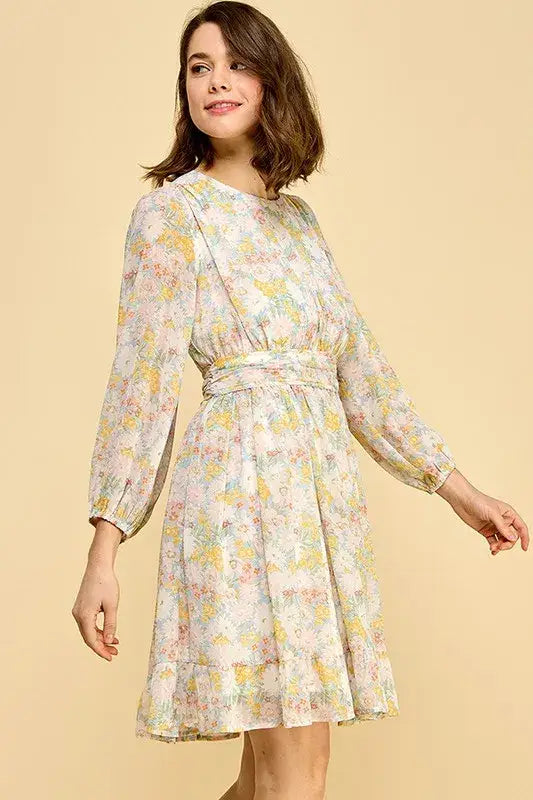 Lime ’N’ Chili Chiffon Floral Print Belted Dress with Back Zipper