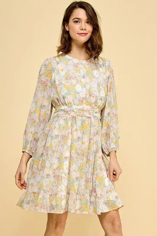 Lime ’N’ Chili Chiffon Floral Print Belted Dress with Back Zipper