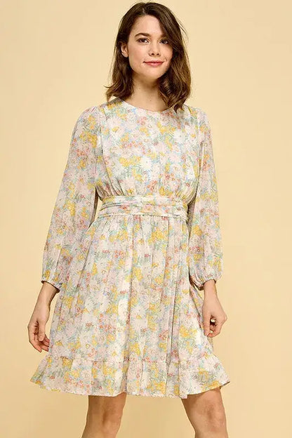 Lime ’N’ Chili Chiffon Floral Print Belted Dress with Back Zipper