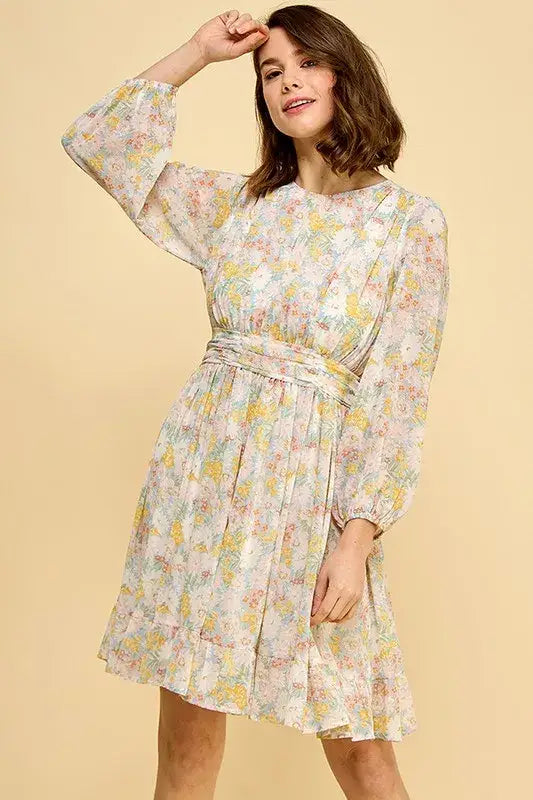 Lime ’N’ Chili Chiffon Floral Print Belted Dress with Back Zipper - BLUE FLORAL / S