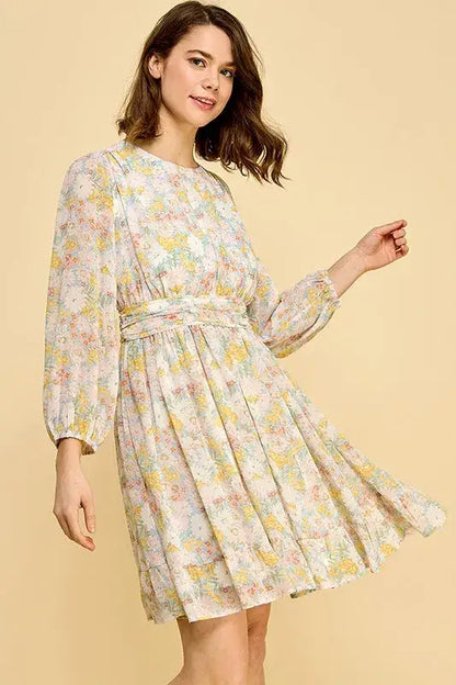 Lime ’N’ Chili Chiffon Floral Print Belted Dress with Back Zipper