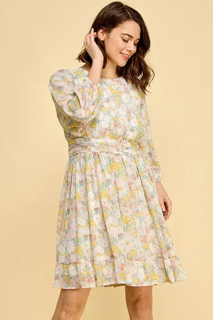 Lime ’N’ Chili Chiffon Floral Print Belted Dress with Back Zipper