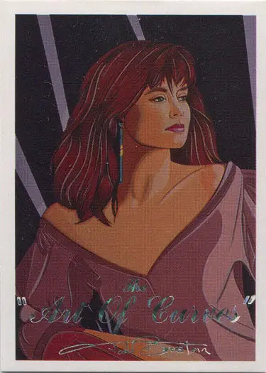 Portrait of a woman with long red hair in a purple top on a Puzzle Art Card