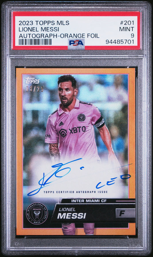 PSA-graded Lionel Messi 2023 Topps MLS orange foil auto card in protective case