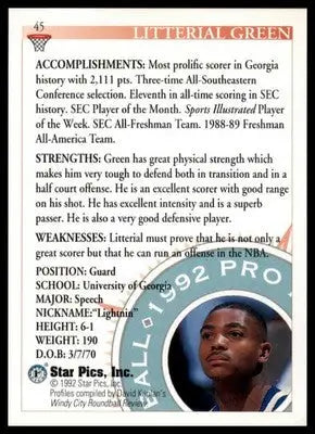 Litterial Green Star Pics basketball card from 1992 Georgia Bulldogs collectible
