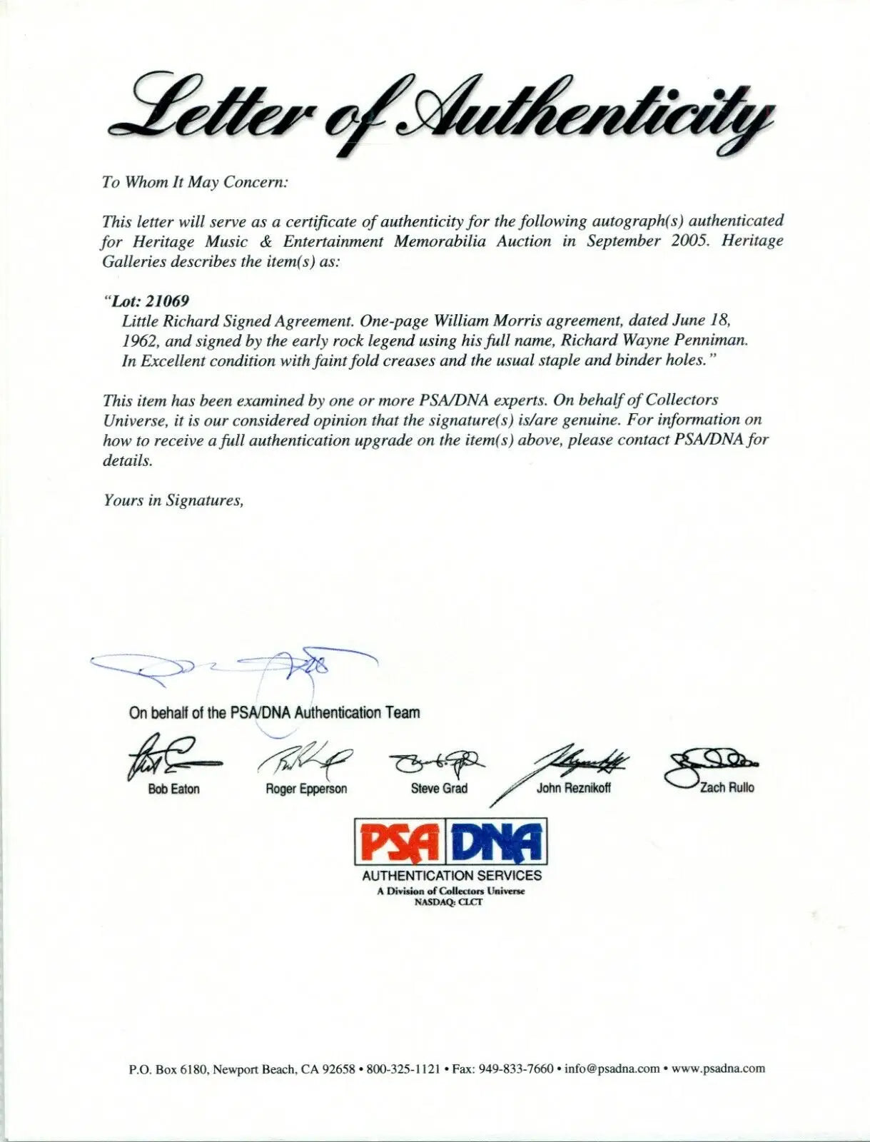 Letter of authenticity for Richard Wayne Penniman Auto 1962 William Morris Agency PSA/DNA