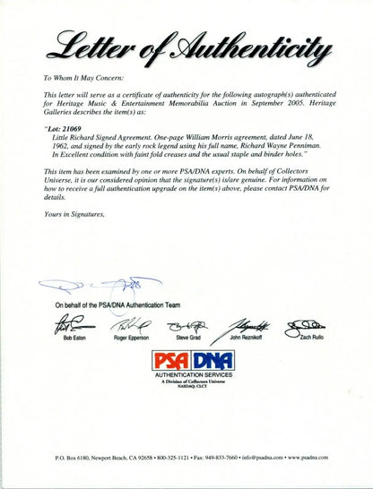 Letter of authenticity for Richard Wayne Penniman Auto 1962 William Morris Agency PSA/DNA