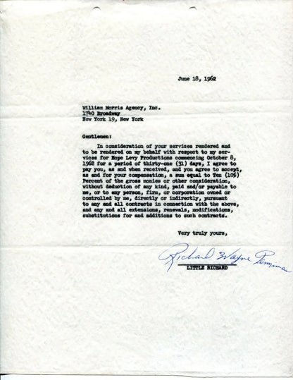 Typed letter with Richard Wayne Penniman signature, PSA DNA authenticated, William Morris Agency