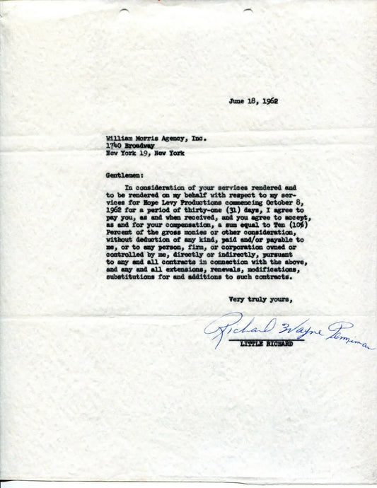 Typed letter with Richard Wayne Penniman signature, PSA DNA authenticated, William Morris Agency