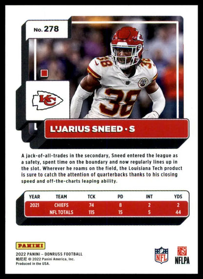 LJarius Sneed 2022 Donruss football card Kansas City Chiefs product shot