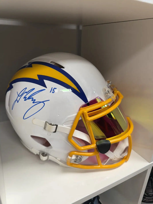 Autographed White Football Helmet with Yellow Lightning Bolt McConkey Chargers Authentic