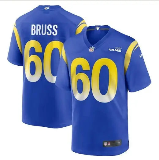 Blue Los Angeles Rams Nike Game Player Jersey with number 60 and BRUSS on the back