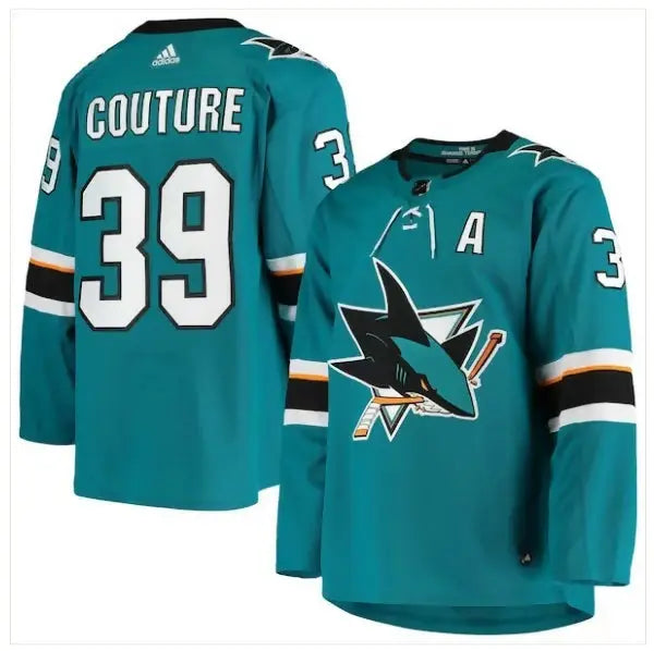 Teal Logan Couture San Jose Sharks jersey with COUTURE and 39 on the back