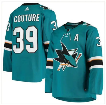 Teal Logan Couture San Jose Sharks jersey with COUTURE and 39 on the back