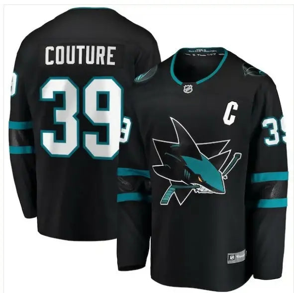 Black San Jose Sharks hockey jersey with teal accents featuring Logan Couture name and logo