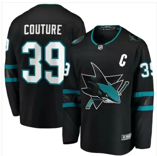 Black San Jose Sharks hockey jersey with teal accents featuring Logan Couture name and logo