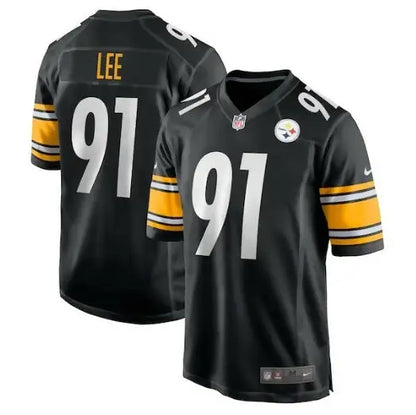 Black Pittsburgh Steelers Nike Game Jersey with Lee 91 in gold and white, yellow and white striped sleeves