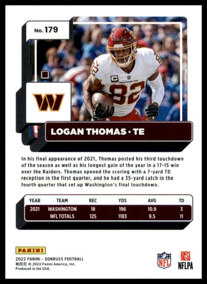 Football card featuring Logan Thomas from 2022 Donruss Washington Commanders series