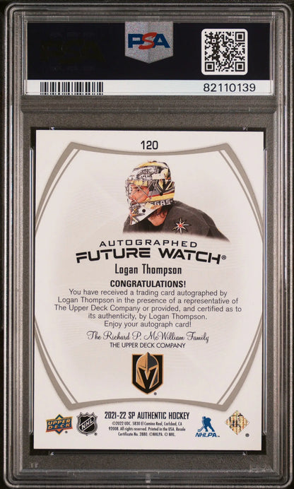 Back of Logan Thompson 2021 SP Authentic Auto PSA 10 Gem Mint hockey card with logo