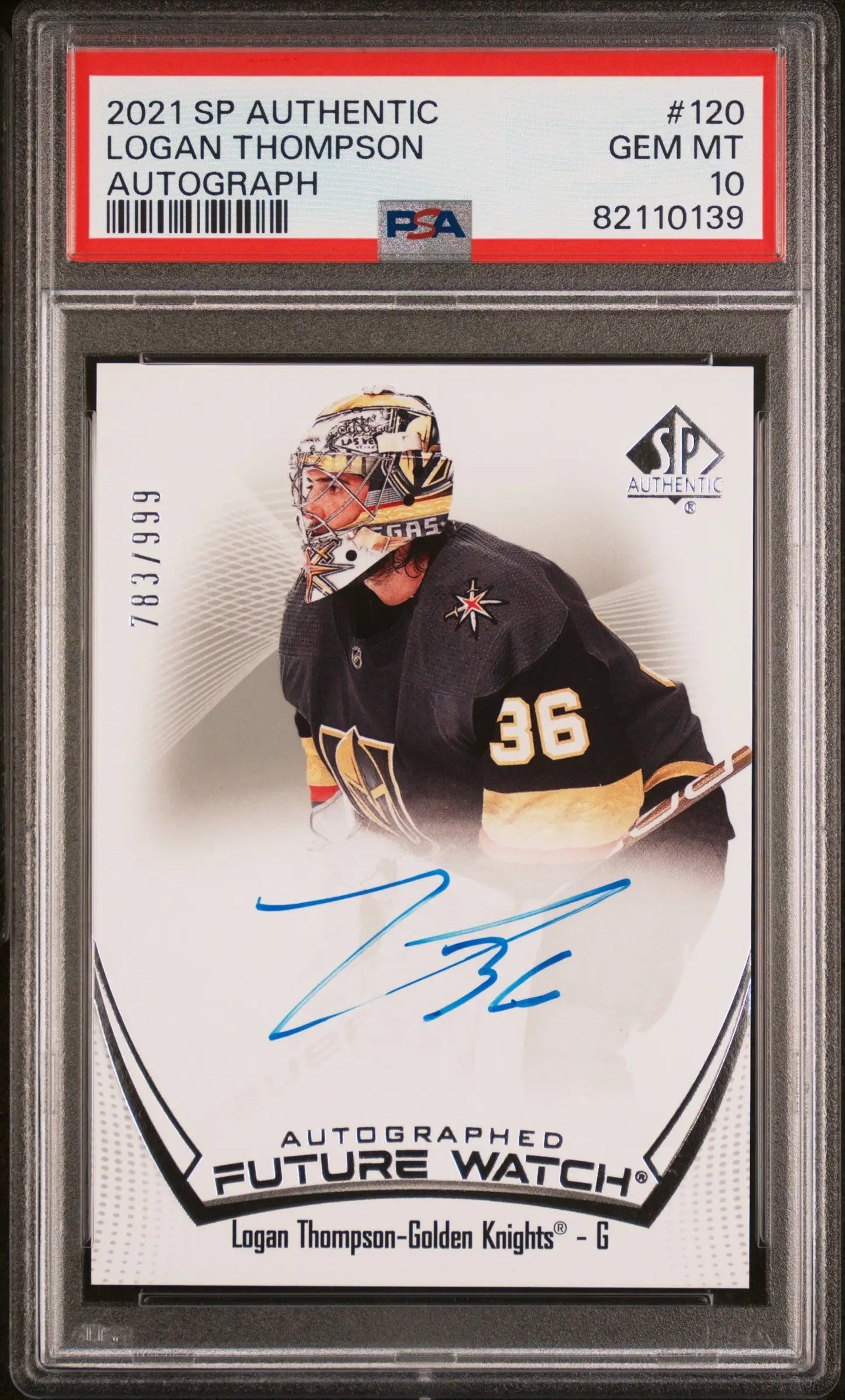PSA 10 Gem Mint Logan Thompson Authentic Auto hockey card with jersey number 36