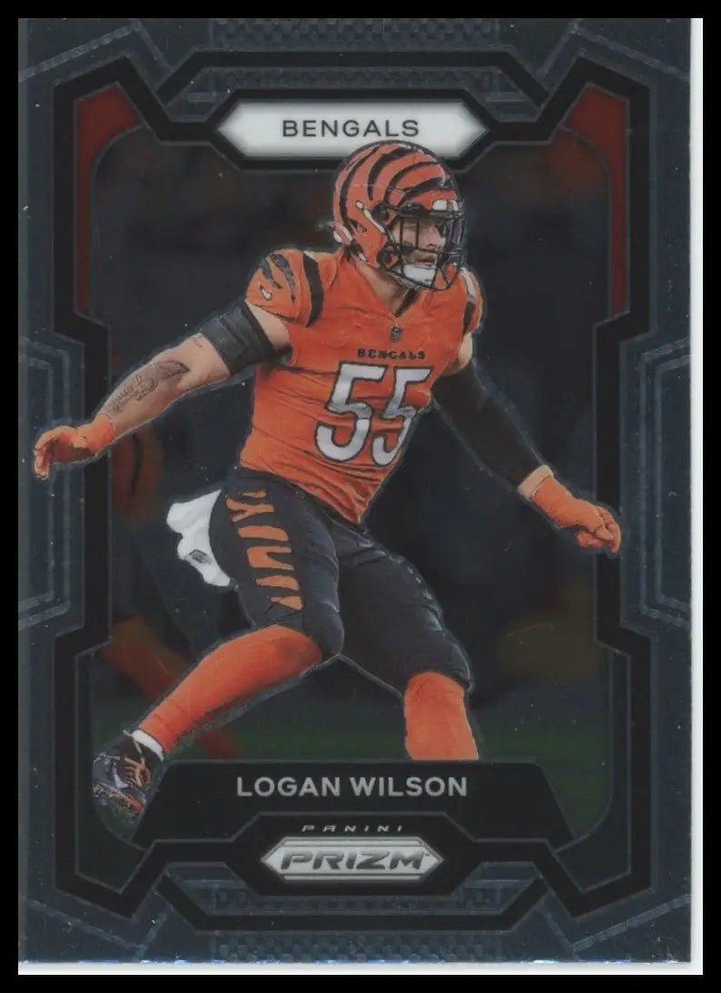 Football trading card of Logan Wilson in Bengals uniform from Panini Prizm 2023 series