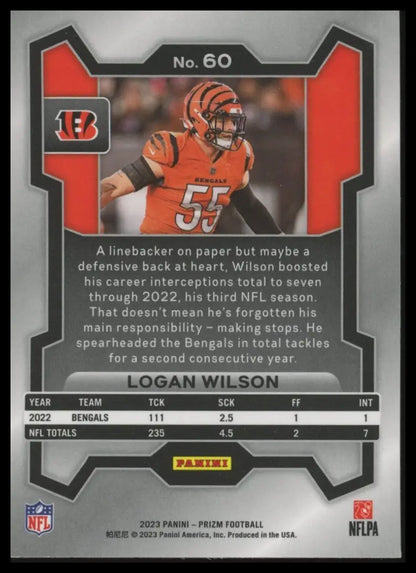 Back of Logan Wilson 2023 Panini Prizm trading card featuring Cincinnati Bengals player