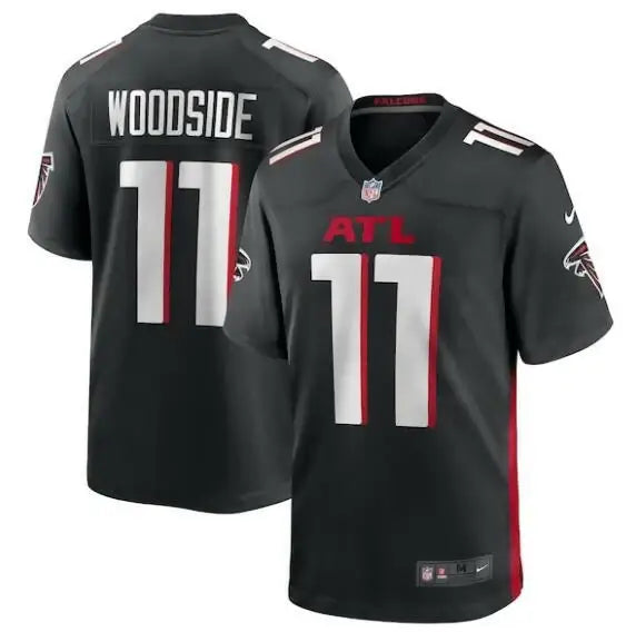Black Atlanta Falcons jersey featuring Logan Woodside team logo and design details